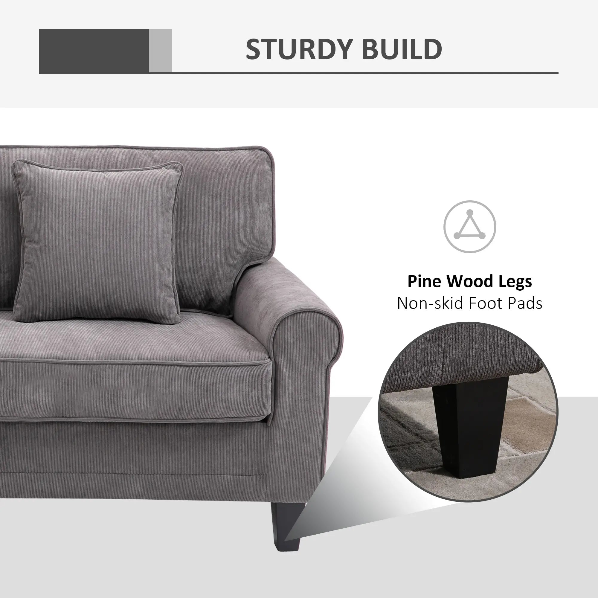 Modern 3 Seater Sofa, Corduroy Fabric, Pine Wood Legs, Light Grey 3-Seater Sofas at Gallery Canada