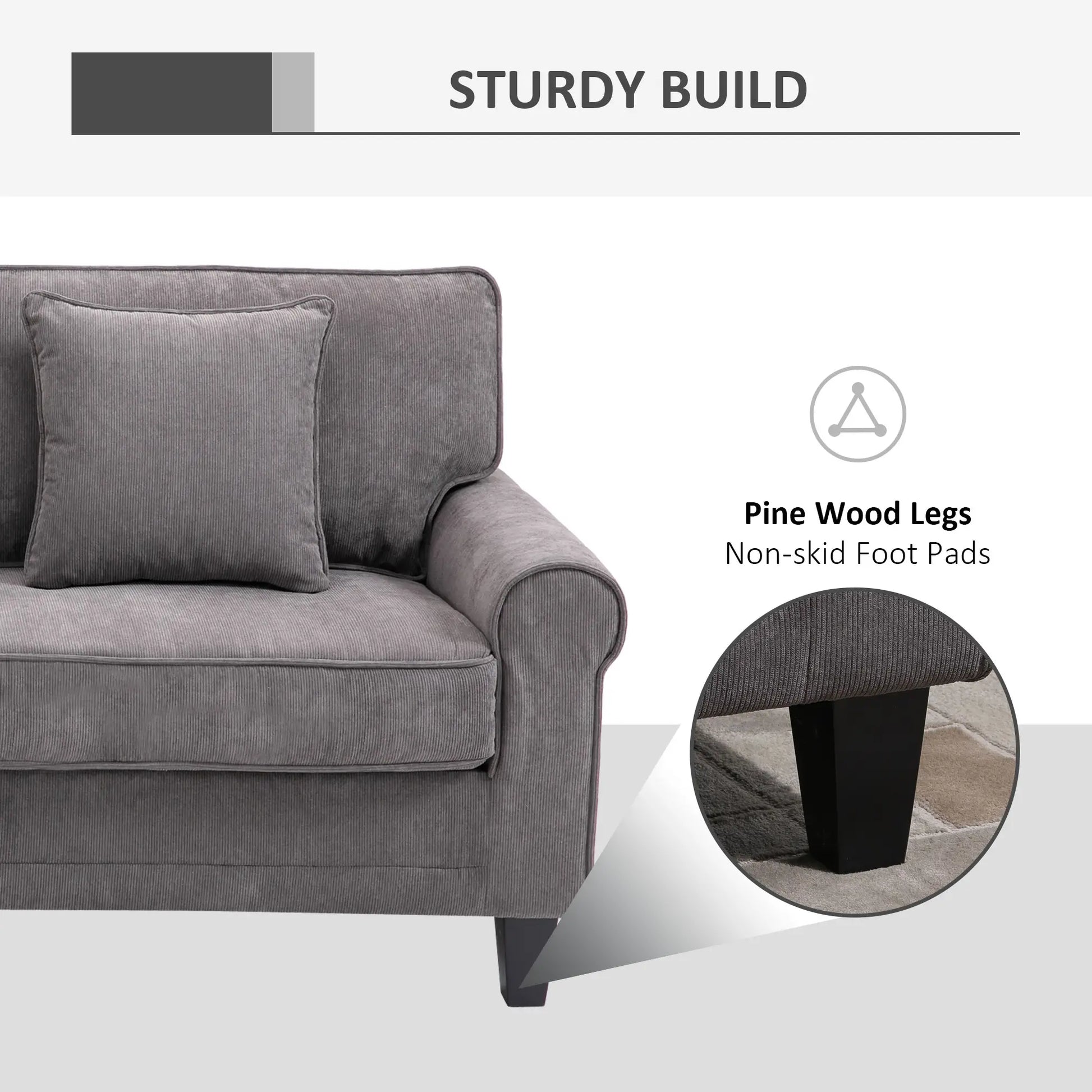 Modern 3 Seater Sofa, Corduroy Fabric, Pine Wood Legs, Light Grey 3-Seater Sofas at Gallery Canada