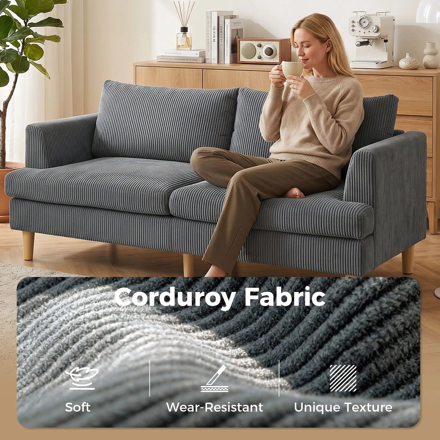 3 Seater Sofa, 74" Corduroy Couch, Solid Wood Legs, Dark Grey 3-Seater Sofas at Gallery Canada