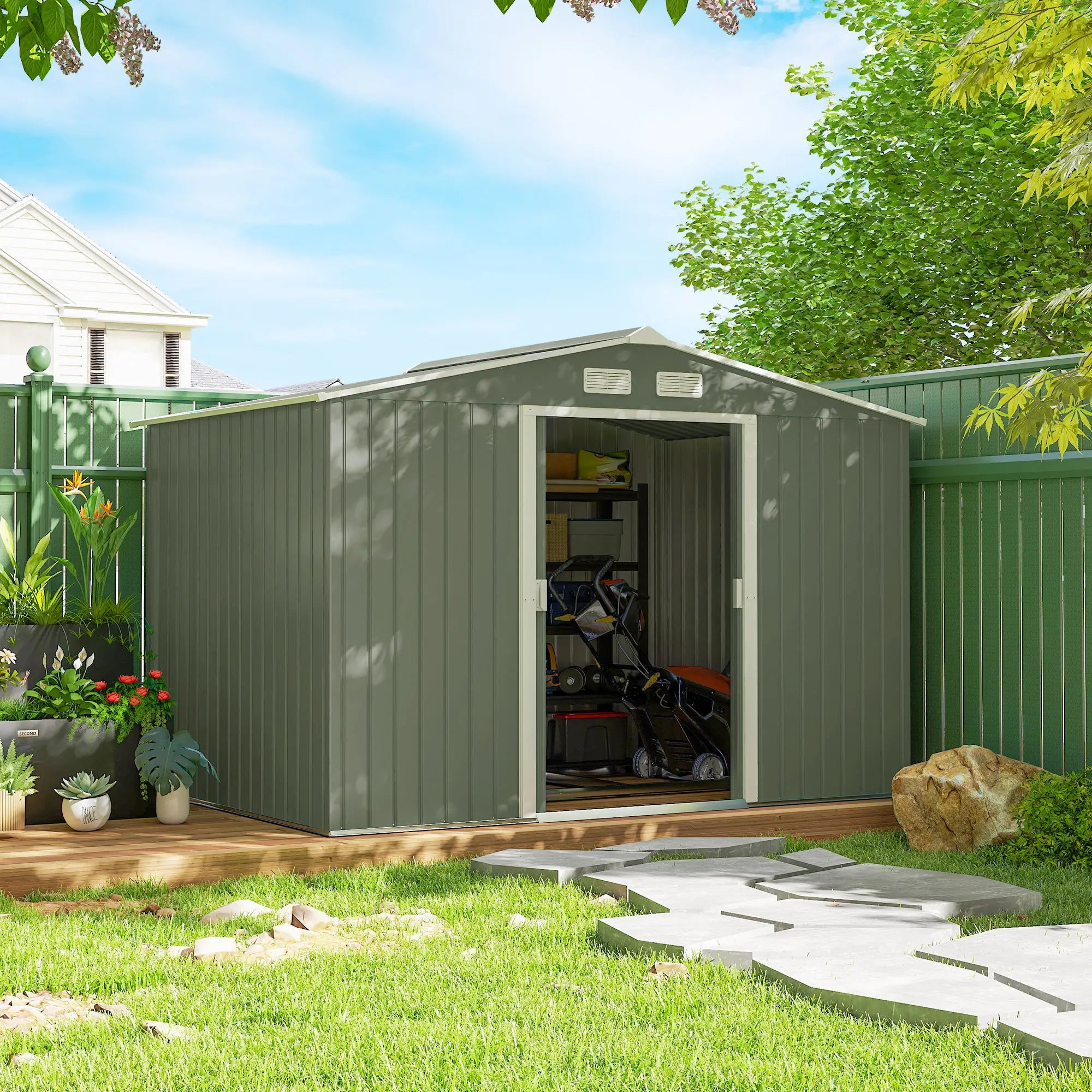 9.1'x6.4'x6.3' Garden Storage Shed, Foundation Kit, Double Doors, Light Green Sheds at Gallery Canada