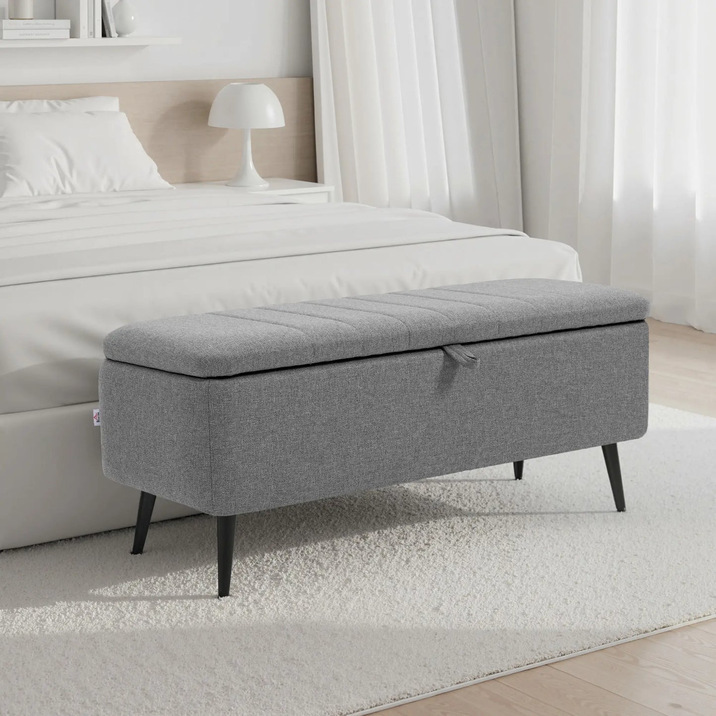 40" Ottoman with Storage, Linen Upholstered Bench, Steel Legs, Grey Storage Ottomans & Benches at Gallery Canada