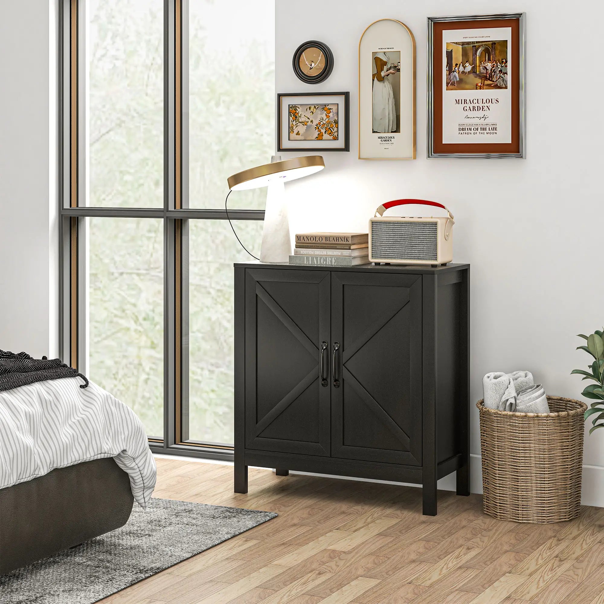 Sideboard Buffet, Kitchen Cabinet with Barn Door, Adjustable Shelves, Black Oak, Black Bar Cabinets at Gallery Canada