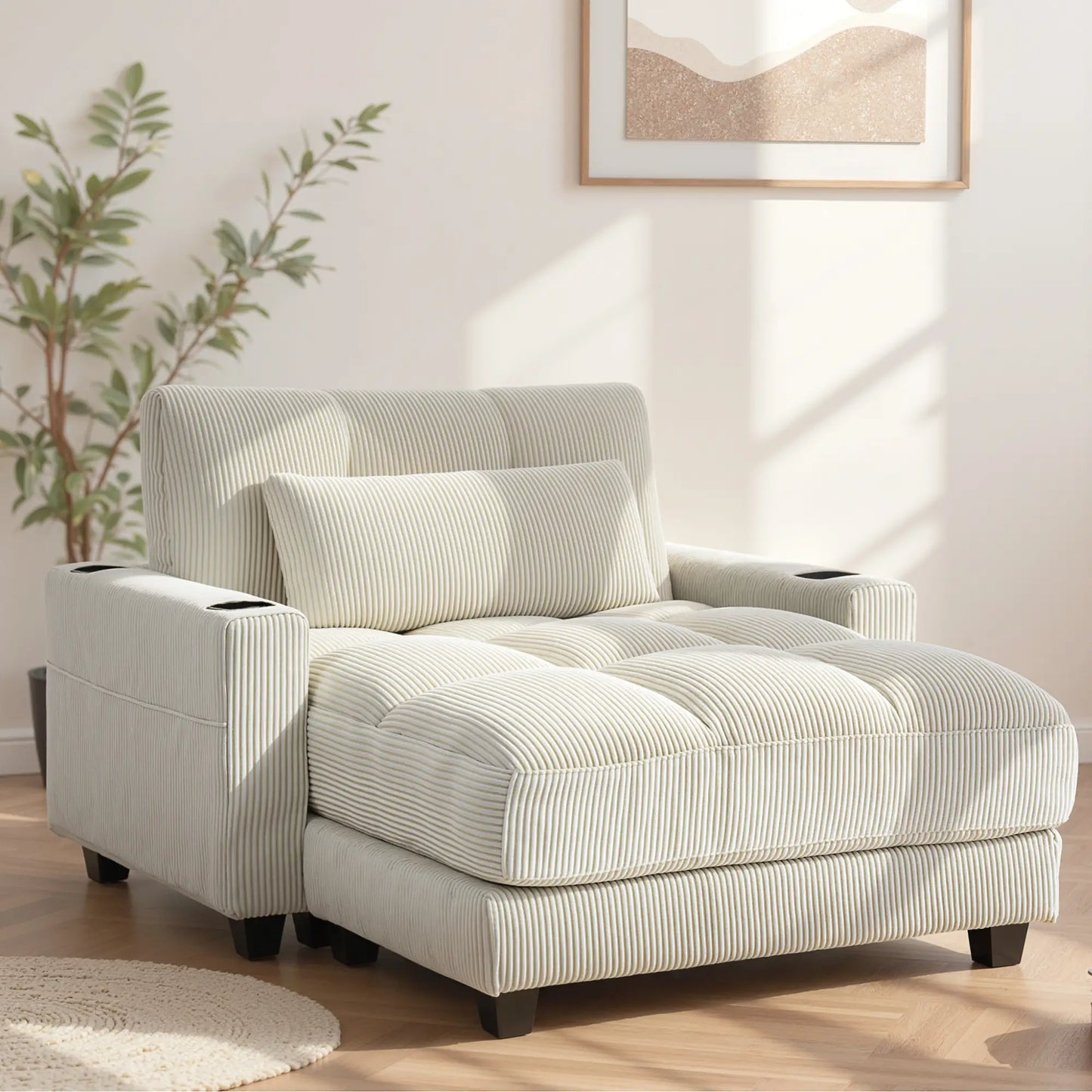 58" Corduroy Canapé Relax Lit Avec Porte-gobelets, Blanc Crème