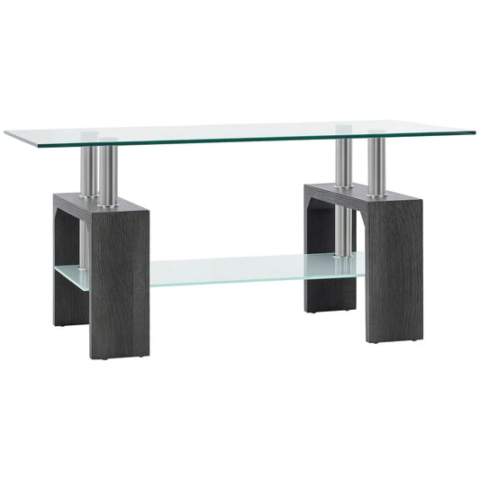 Rectangle Glass Coffee Table, 2-Tier, Tempered Glass Top, Storage Shelf, Grey Coffee Tables Clear Glass, Grey Leg at Gallery Canada