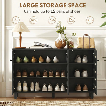 Shoe Cabinet, 3 Slatted Doors, 3-Tier, Adjustable Shelves, 15 Pairs, Black