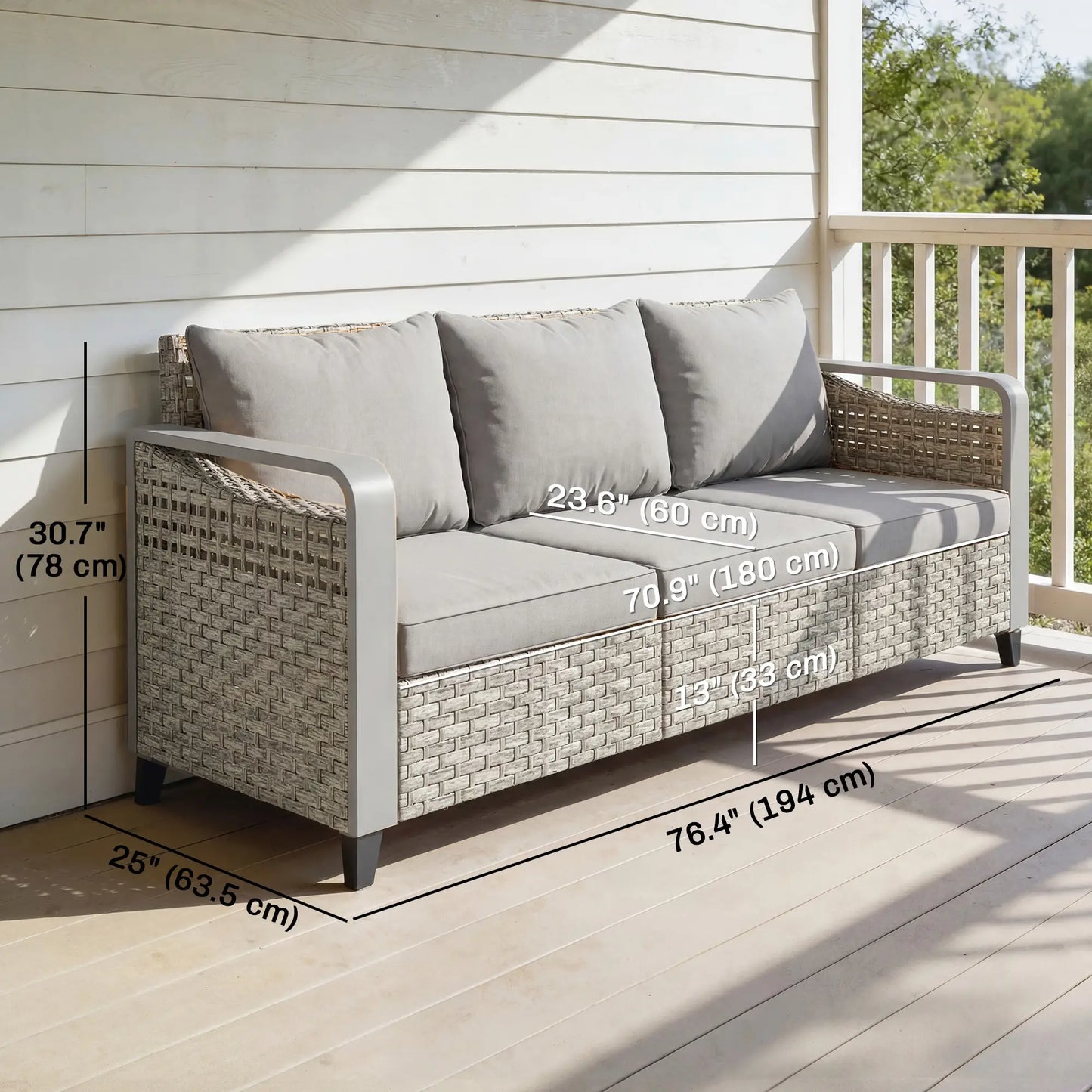Rattan Wicker Sofa, 3-Seater Outdoor Couch With Cushions, Grey Patio Furniture Sets at Gallery Canada
