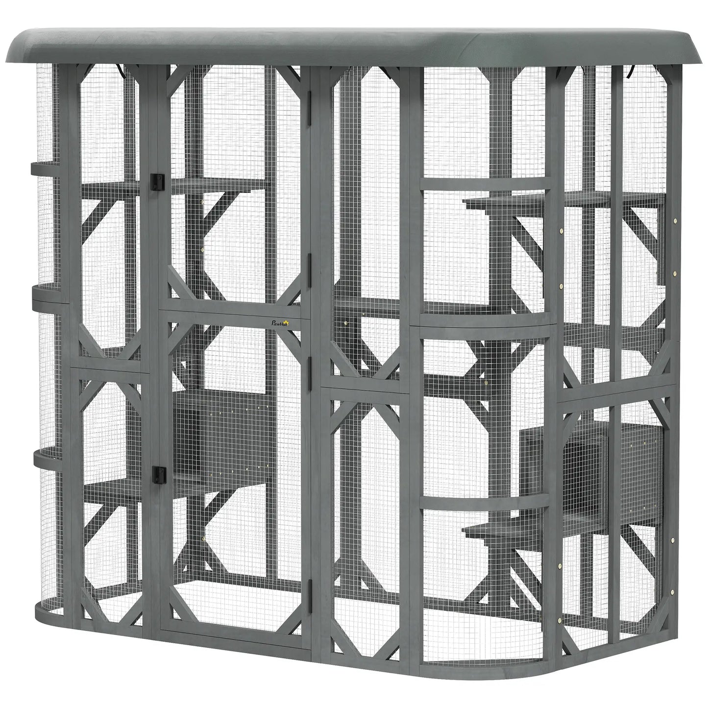 71" Wooden Cat Enclosure, With Platforms And Condos, Grey Outdoor Cat Enclosures Grey at Gallery Canada