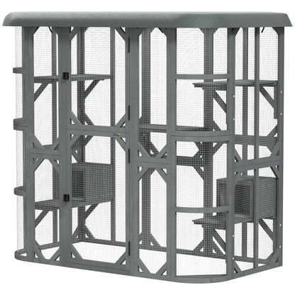 71" Wooden Cat Enclosure, With Platforms And Condos, Grey Outdoor Cat Enclosures Grey at Gallery Canada