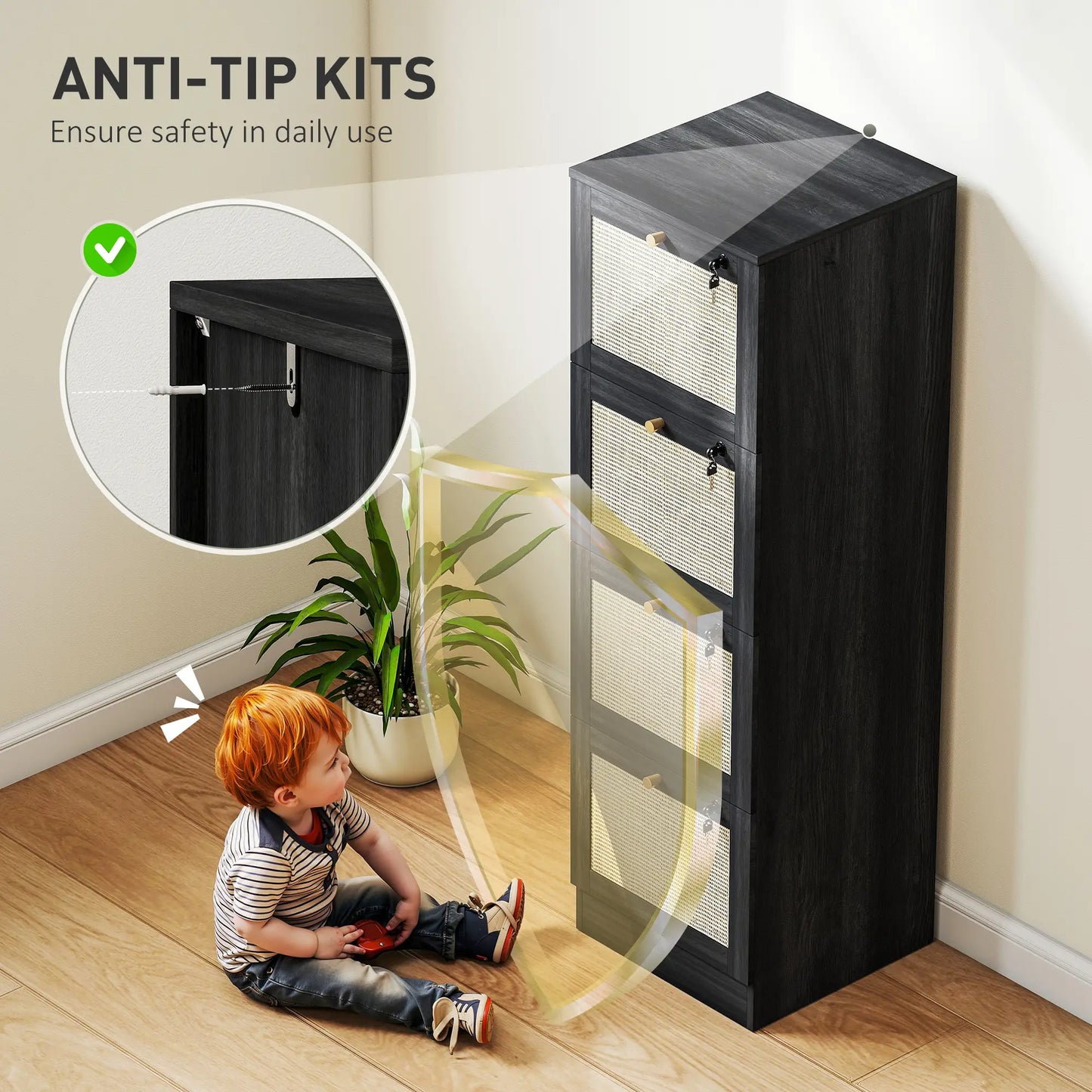 4 Drawer Filing Cabinet with Lock, Boho Style, A4 Letter Size, Black Office Cabinets & Cupboards at Gallery Canada