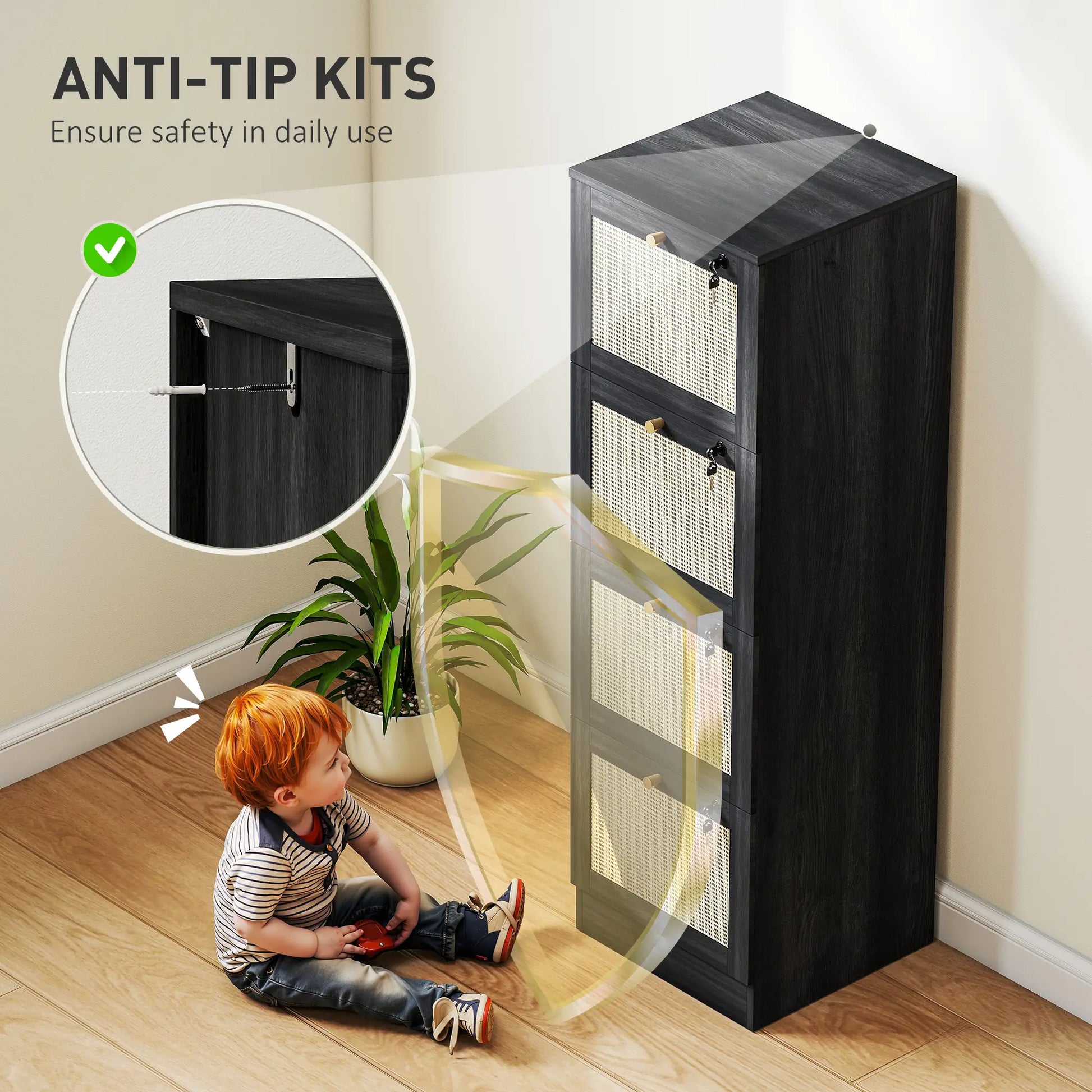 4 Drawer Filing Cabinet with Lock, Boho Style, A4 Letter Size, Black Office Cabinets & Cupboards at Gallery Canada