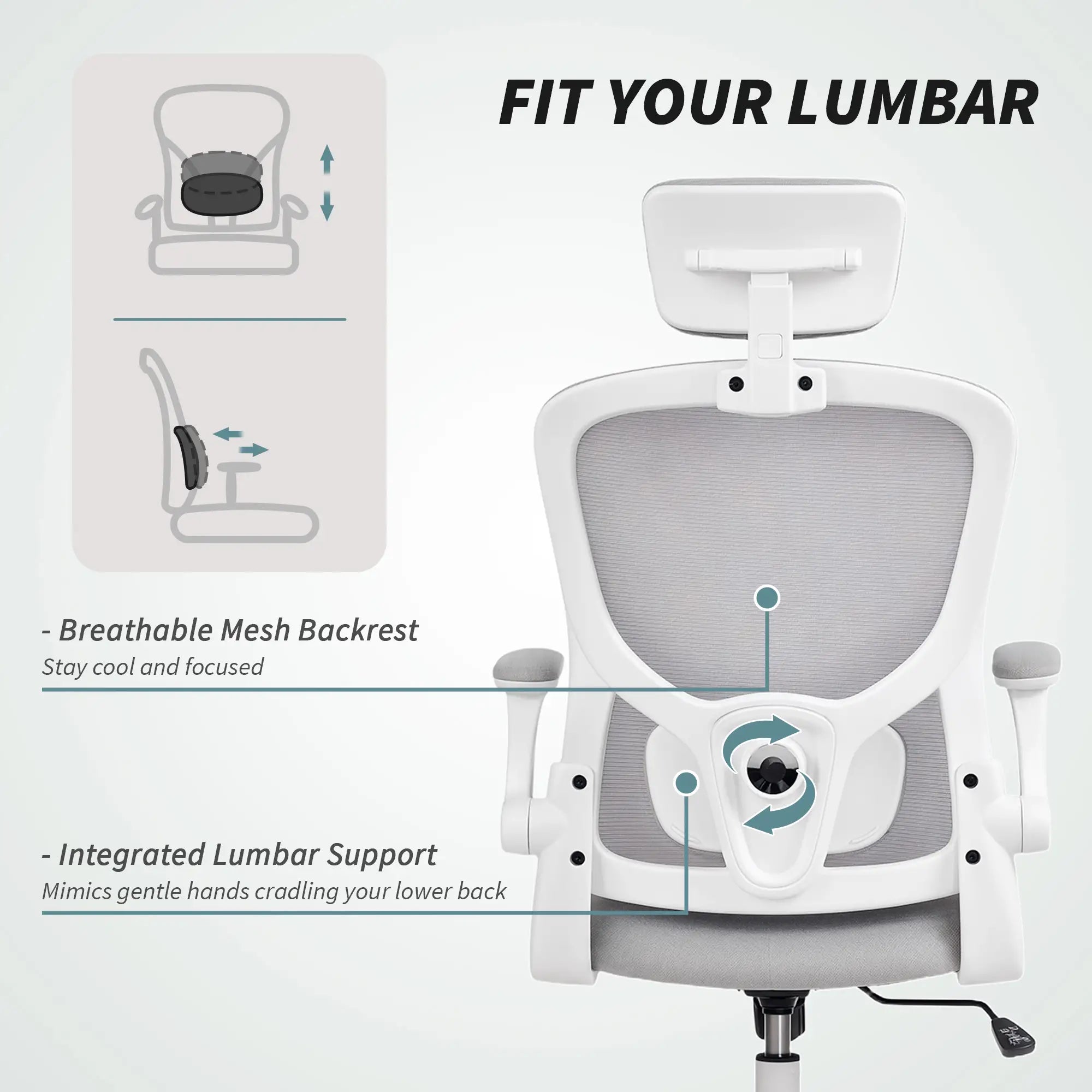 Mesh Office Chair, Adjustable Headrest, Lumbar Support, Flip-Up Armrests, Grey Task Chairs at Gallery Canada