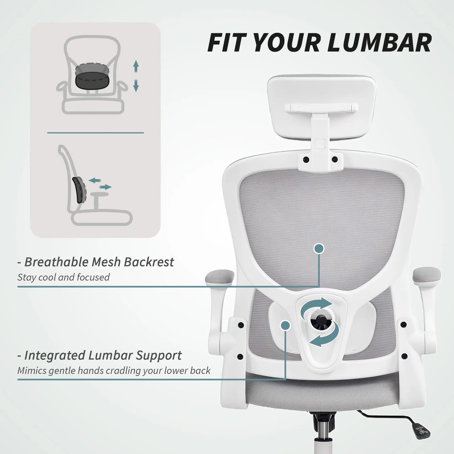 Mesh Office Chair, Adjustable Headrest, Lumbar Support, Flip-Up Armrests, Grey Task Chairs at Gallery Canada