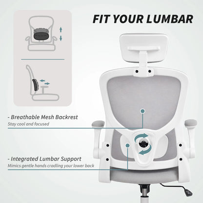 Mesh Office Chair, Adjustable Headrest, Lumbar Support, Flip-Up Armrests, Grey Task Chairs at Gallery Canada