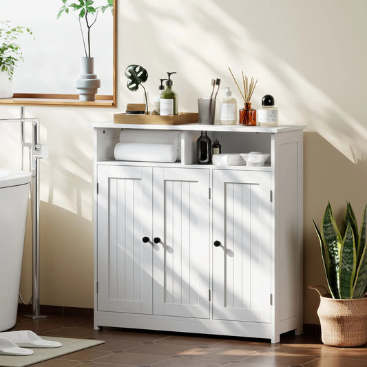 Freestanding Bathroom Floor Cabinet, 3 Doors, 2 Shelves, Adjustable, White Freestanding Bathroom Cabinets White at Gallery Canada