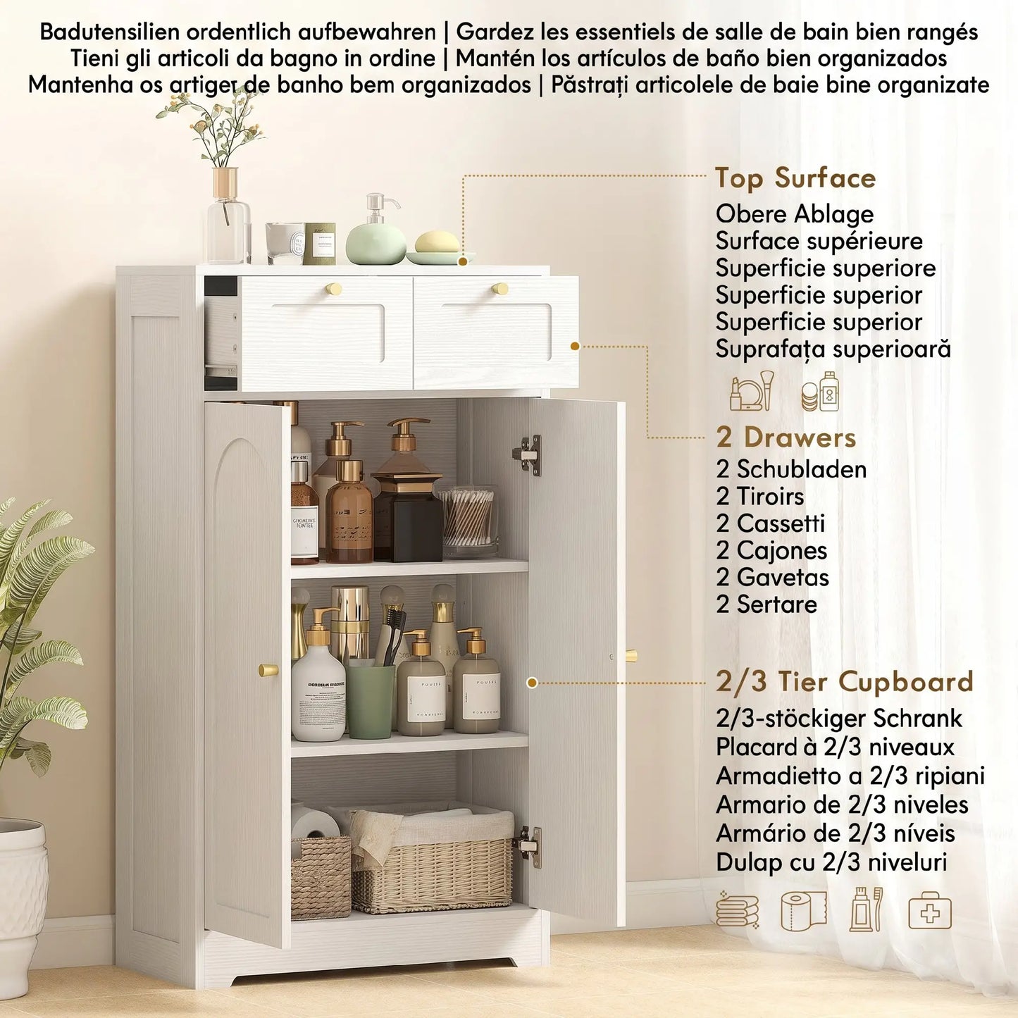 Bathroom Floor Cabinet With 2 Drawers, White