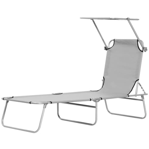 Outdoor Lounge Chair, Adjustable Folding Chaise, Sun Shade, Light Grey