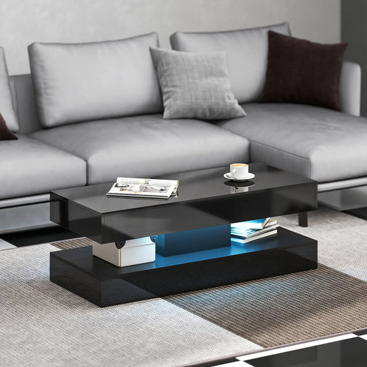 Table Basse LED Réglable, Table de Salon Moderne, 2 Tiroirs, Étagère Ouverte, Télécommande, Noir Brillant