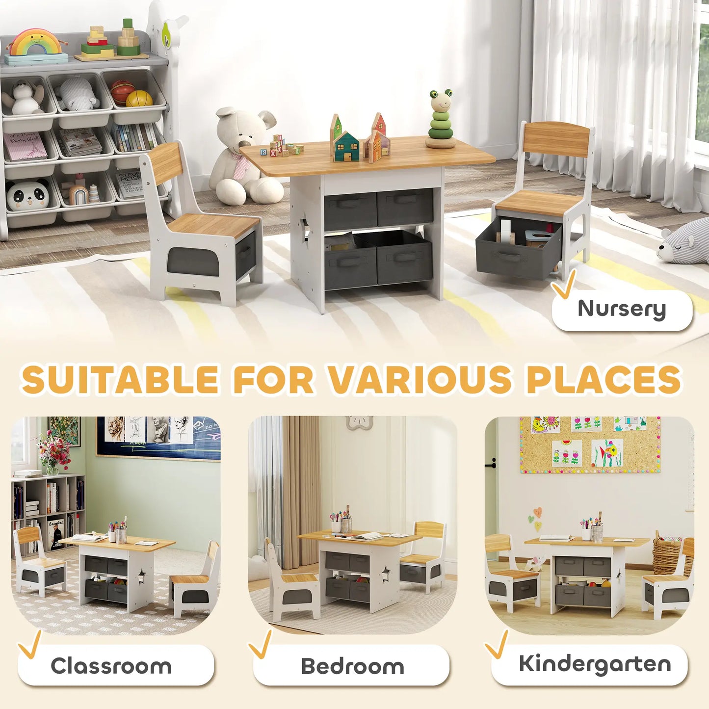 3 Piece Kids Table and Chair Set, 6 Removable Drawers, Natural Kids Table Sets at Gallery Canada