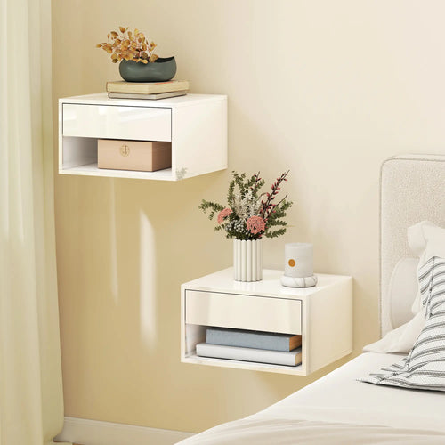 Floating Bedside Tables, Set of 2, Wall-Mounted Nightstand, High Gloss White, White