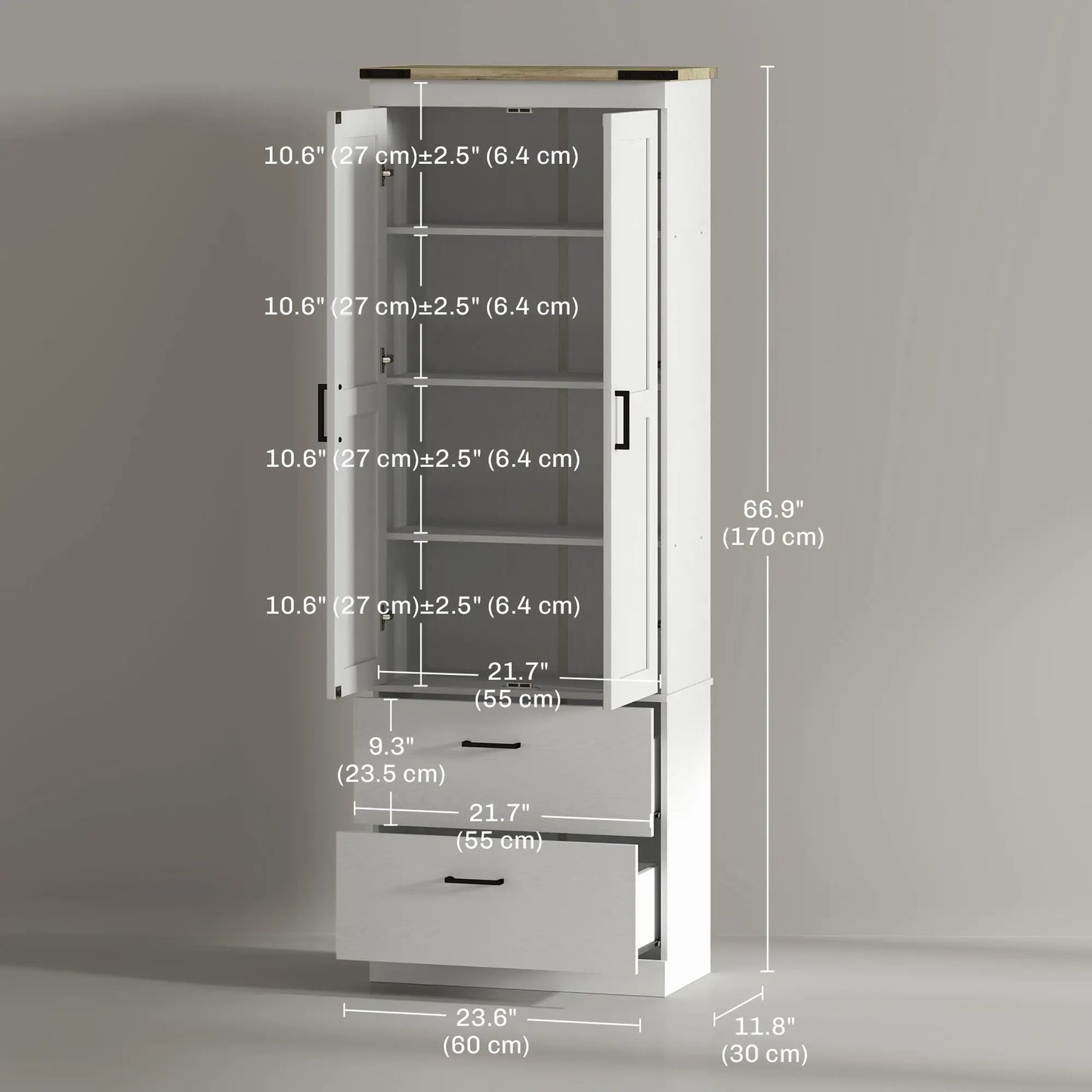 67" Tall Kitchen Pantry Cabinet, Doors, Drawers, Adjustable Shelves, Cream White Kitchen Pantry Cabinets at Gallery Canada