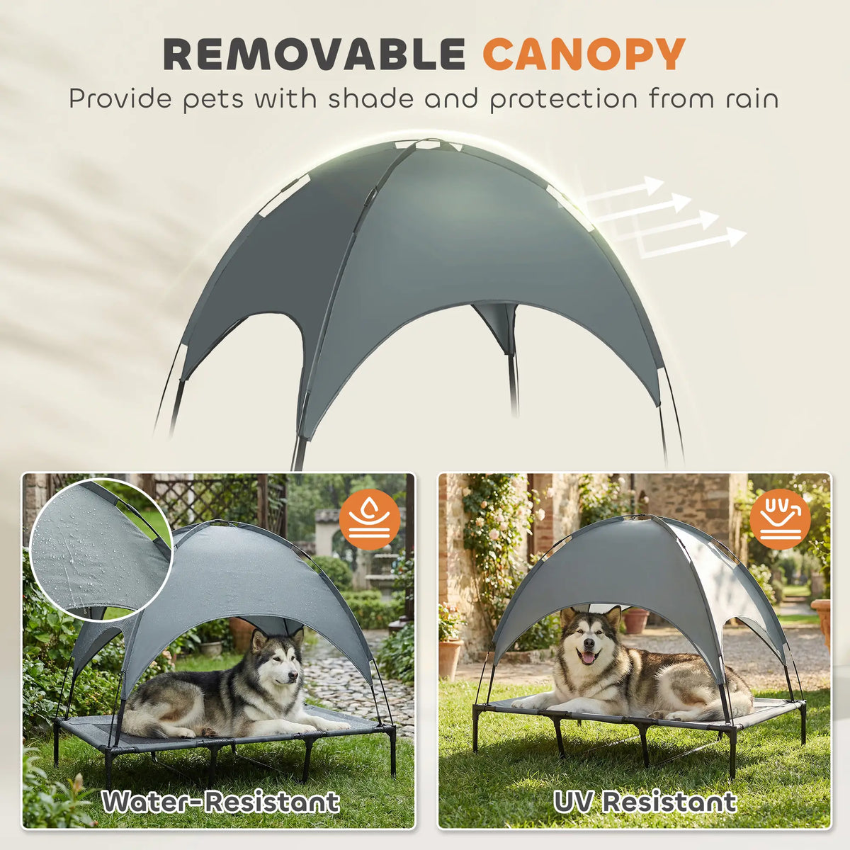 Elevated Dog Bed with Canopy, Portable XL Dog Cot, 48" x 36" x 43", Grey Elevated Dog Beds at Gallery Canada
