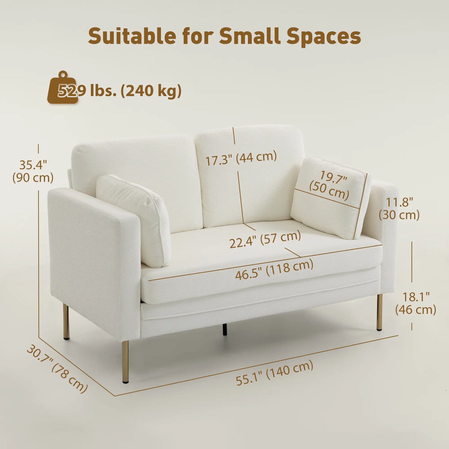 55" Loveseat Sofa, Metal Legs, 2 Pillows, Cream White 2-Seater Sofas at Gallery Canada