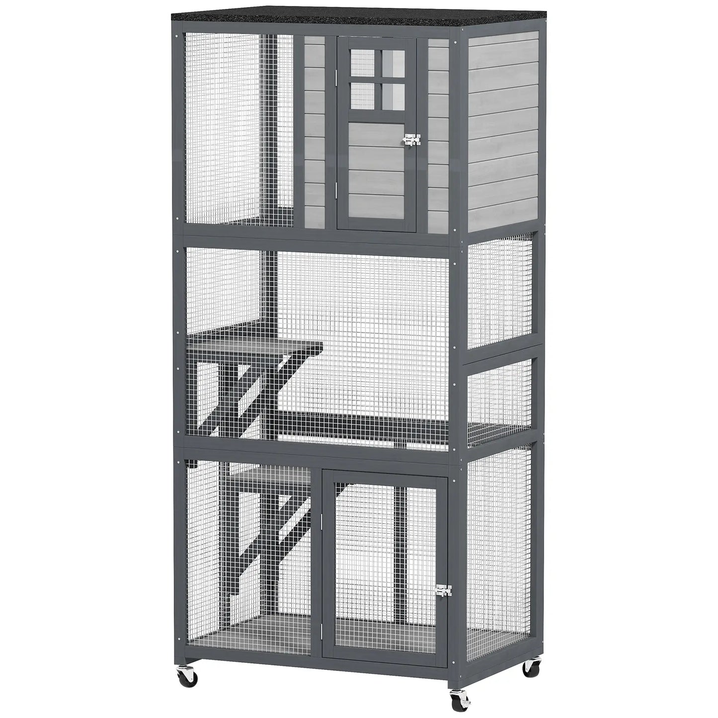74" Wooden Outdoor Cat House, Weatherproof, Wheeled, Light Grey Outdoor Cat Enclosures Dark Grey, Light Grey, Black at Gallery Canada