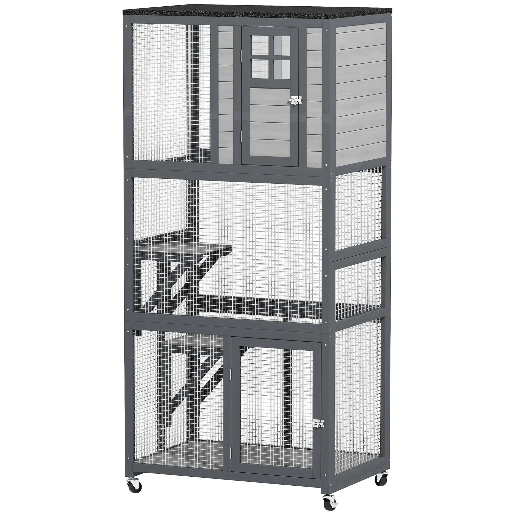 74" Wooden Outdoor Cat House, Weatherproof, Wheeled, Light Grey Outdoor Cat Enclosures Dark Grey, Light Grey, Black at Gallery Canada