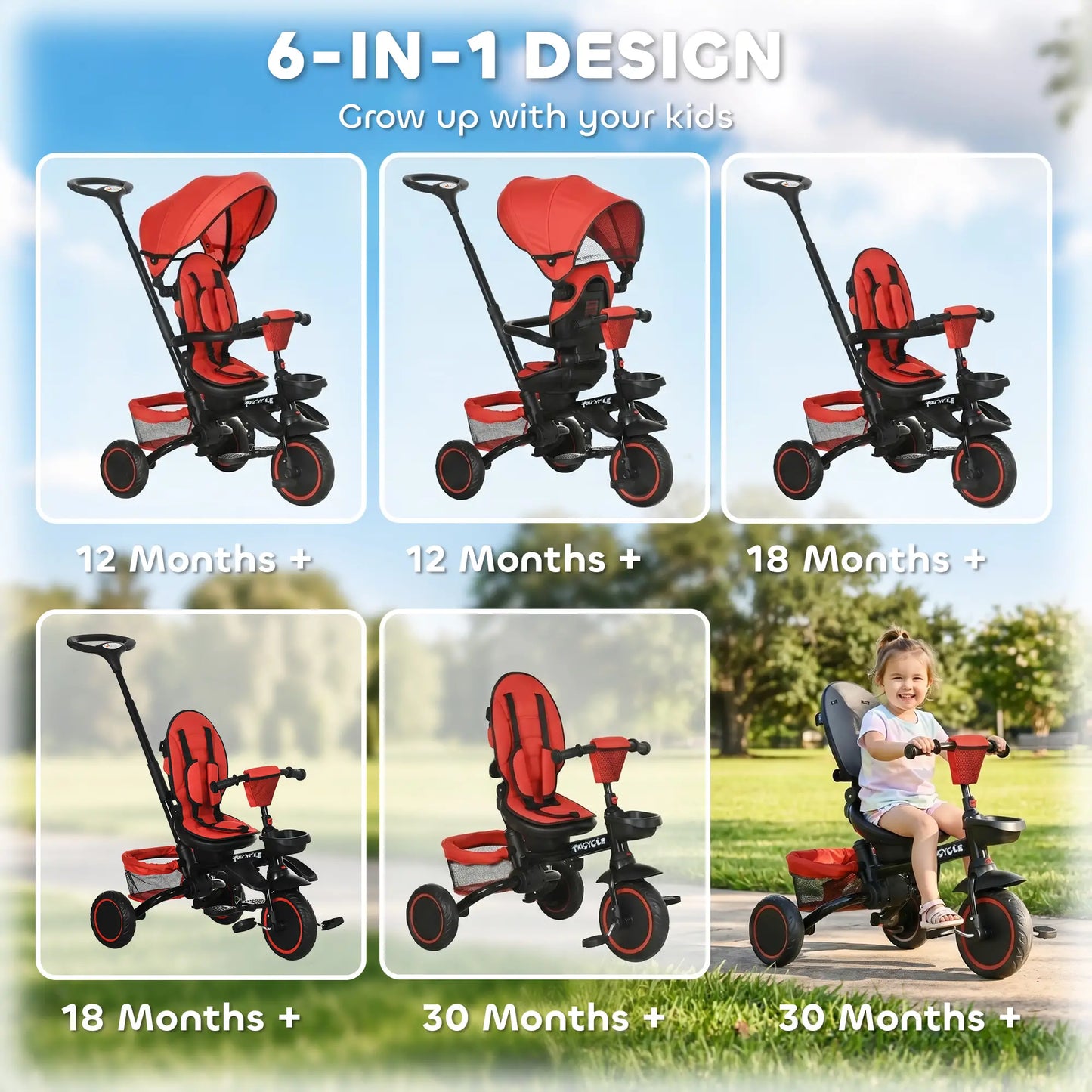 6-in-1 Toddler Tricycle, Foldable, Adjustable Seat, Push Handle, Red Tricycles for Kids at Gallery Canada