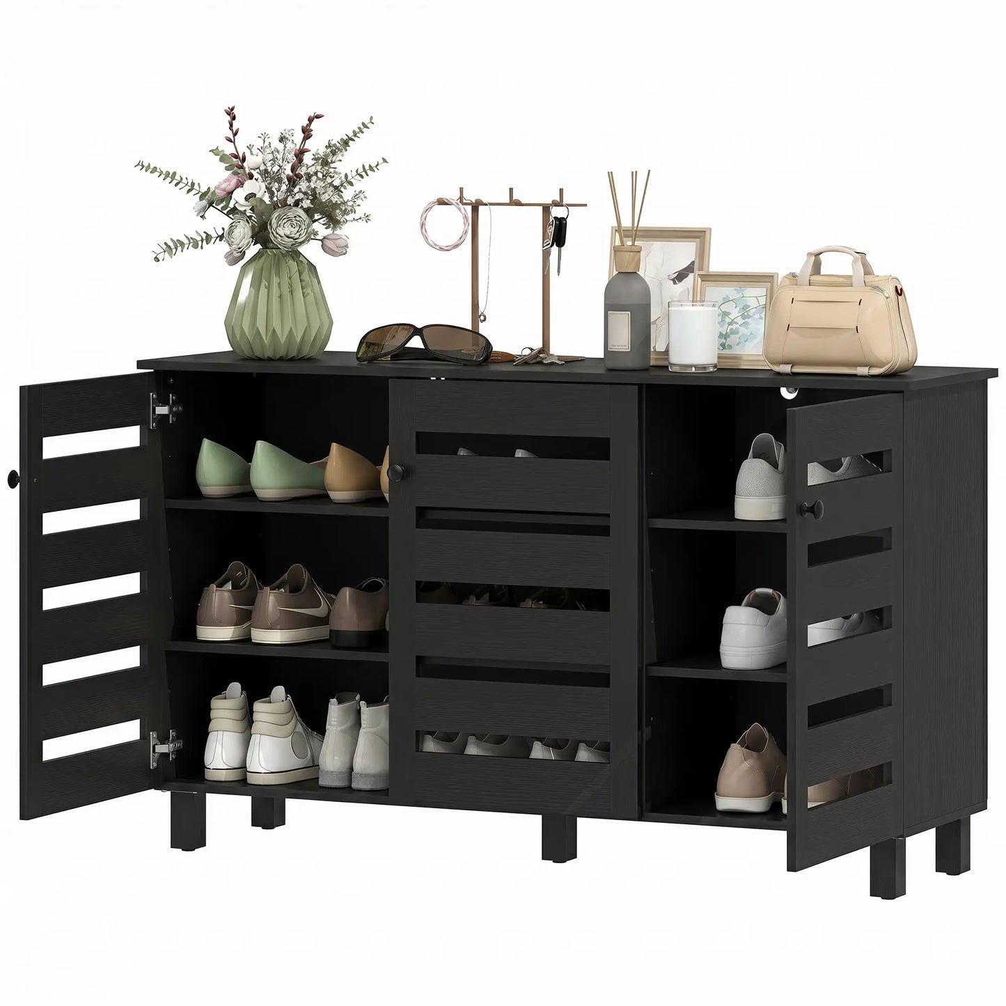 Shoe Cabinet, 3 Slatted Doors, 3-Tier, Adjustable Shelves, 15 Pairs, Black