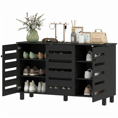 Shoe Cabinet, 3 Slatted Doors, 3-Tier, Adjustable Shelves, 15 Pairs, Black