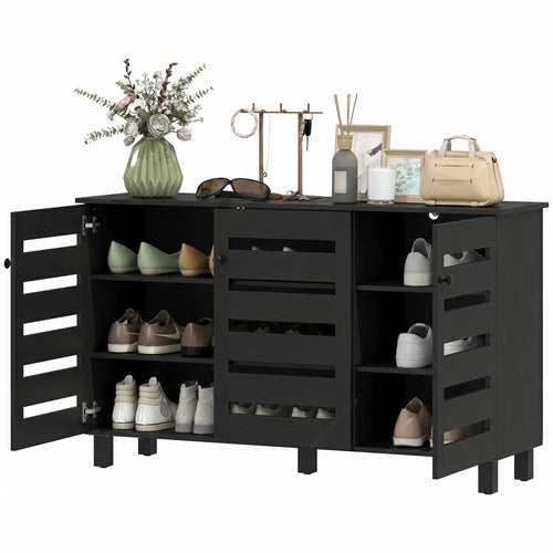 Shoe Cabinet, 3 Slatted Doors, 3-Tier, Adjustable Shelves, 15 Pairs, Black