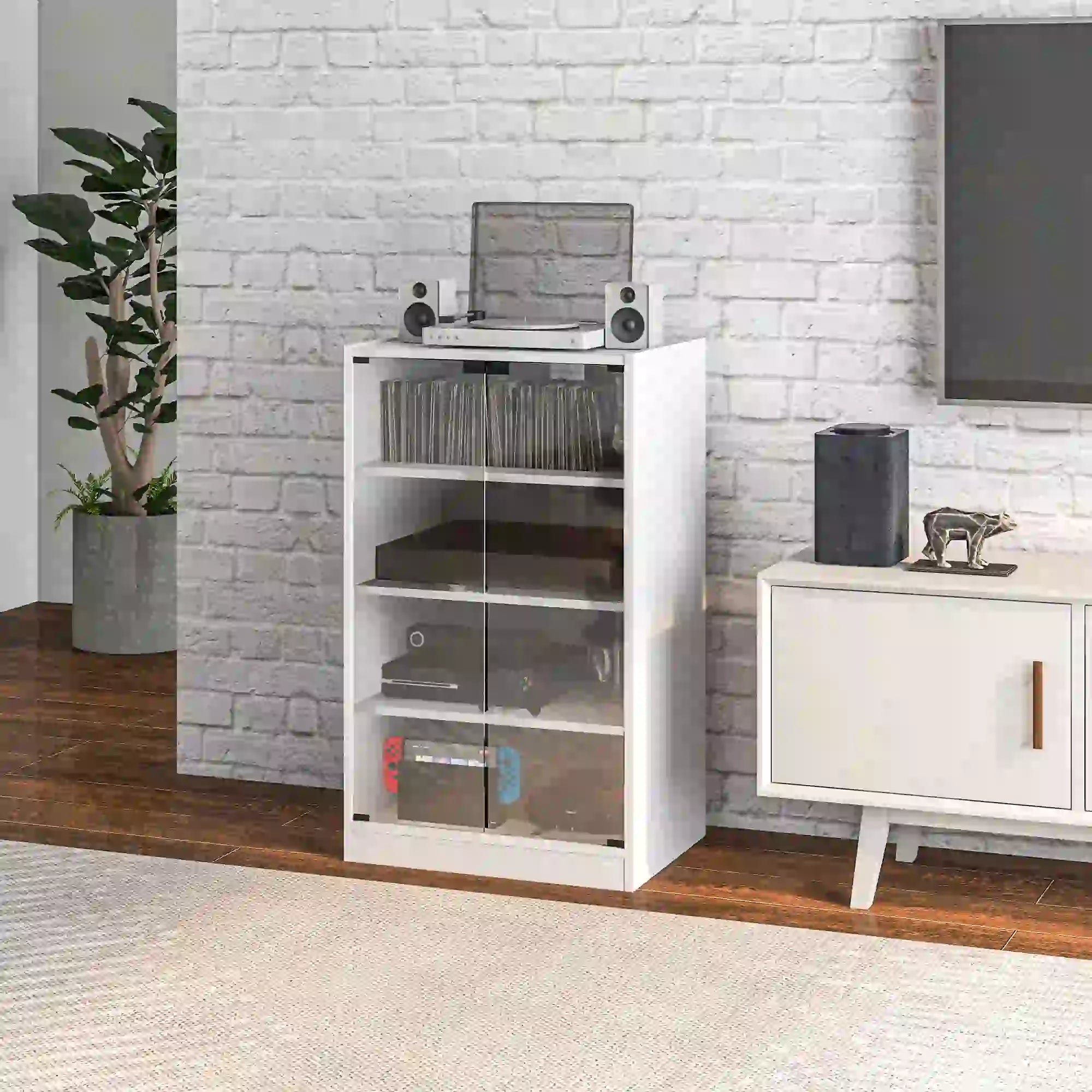 5-Tier Media Cabinet, Adjustable Shelves, Tempered Glass Doors, Distressed, White Storage Cabinets at Gallery Canada