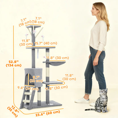 53" Cat Tree Tower, Scratching Posts, Condo, Hammock, Grey Cat Trees at Gallery Canada