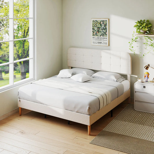 King Size Bed Frame, Adjustable Headboard, Upholstered Platform, White