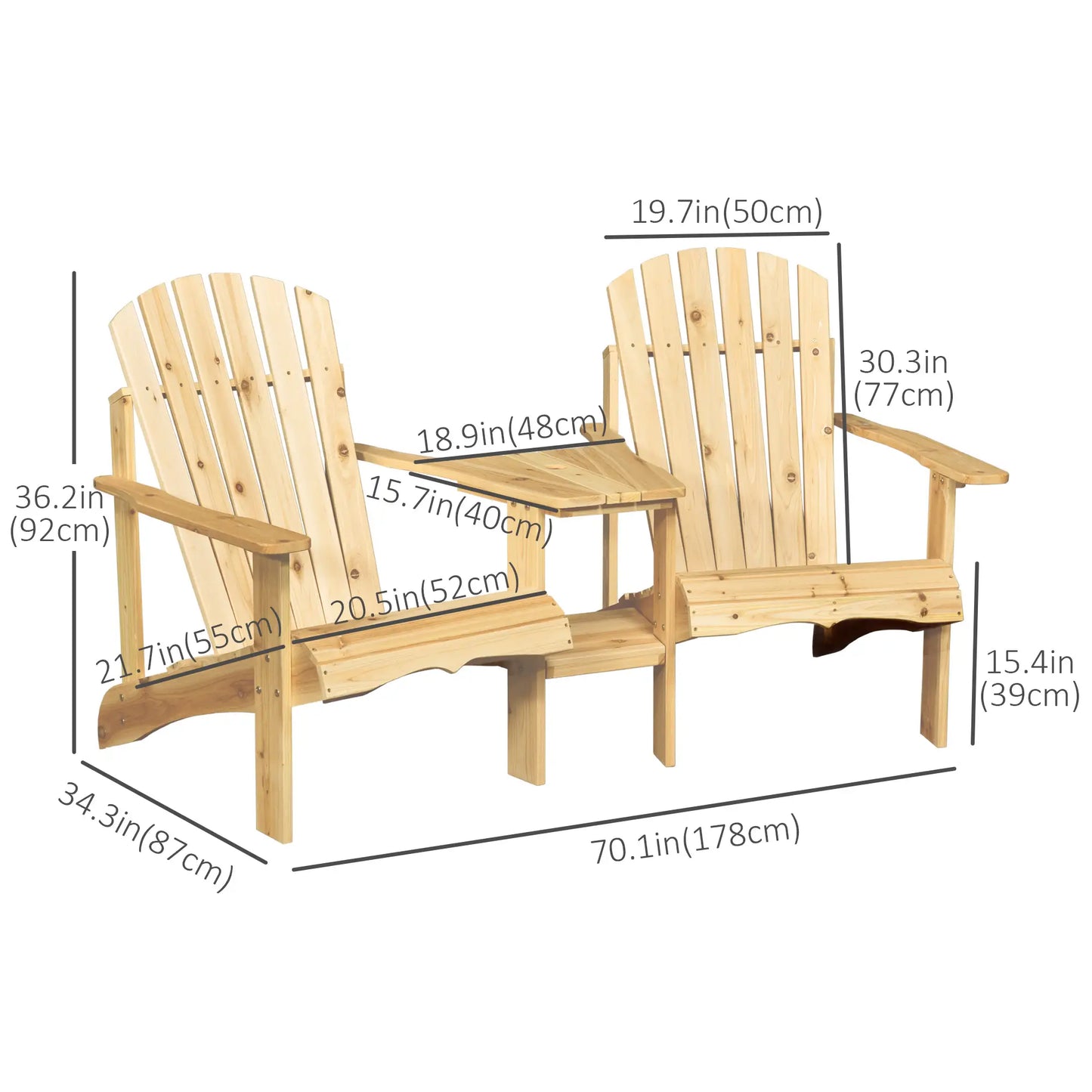 2 Piece Wood Adirondack Chair, Porch Bench w/ Table, Natural Patio Chairs at Gallery Canada