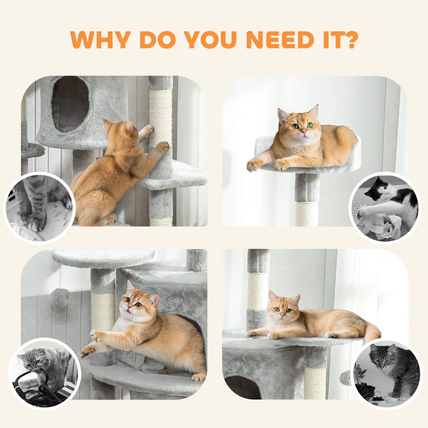 62" Cat Tree With Scratching Post, 2 Condos, Hammock, Light Grey