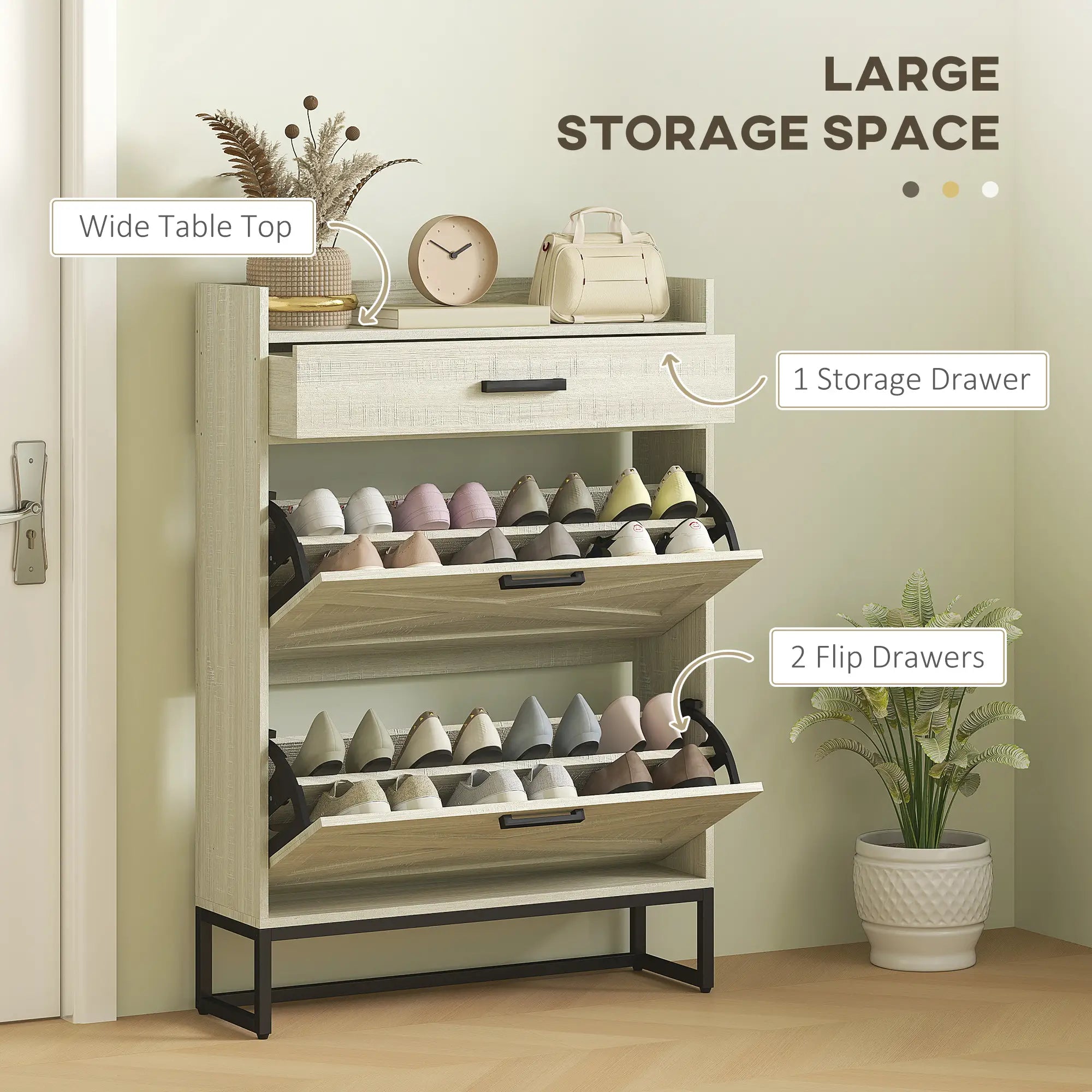 Slim Shoe Storage, 2 Flip Drawers, Adjustable Shelves, 12 Pair, Distressed, White Shoe Storage Cabinets & Racks at Gallery Canada