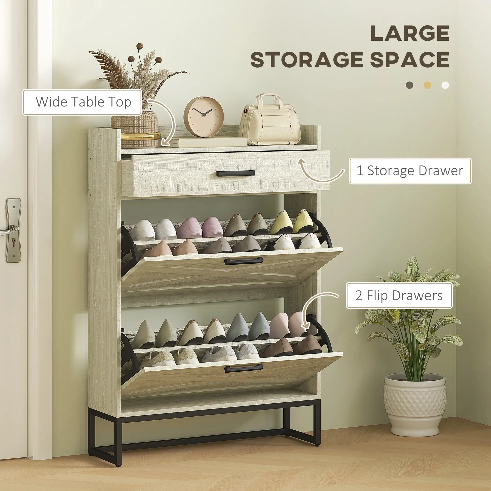 Slim Shoe Storage, 2 Flip Drawers, Adjustable Shelves, 12 Pair, Distressed, White Shoe Storage Cabinets & Racks at Gallery Canada