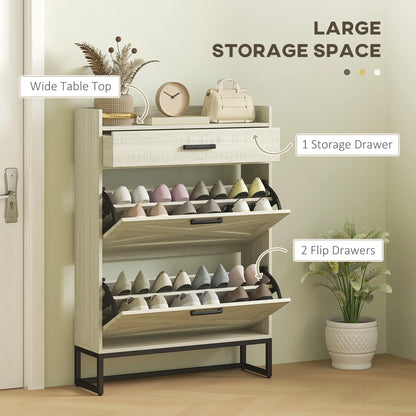 Slim Shoe Storage, 2 Flip Drawers, Adjustable Shelves, 12 Pair, Distressed, White Shoe Storage Cabinets & Racks at Gallery Canada