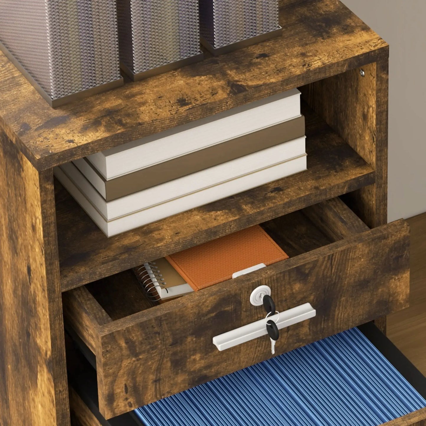 Small 2-Drawer Filing Cabinet, Lockable, on Wheels, Rustic Brown Office Cabinets & Cupboards at Gallery Canada