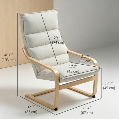 Birch Wood Fabric Modern Armchair, Curved Leg and Arm, Cream White Accent Chairs at Gallery Canada