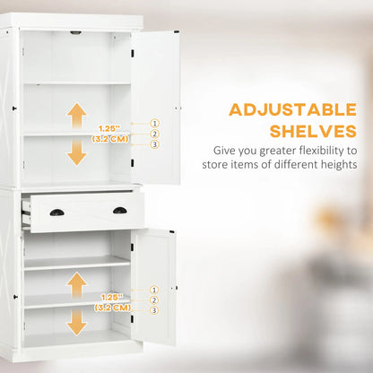 72.5" Kitchen Pantry Cabinet, 4 Doors, Drawer, Adjustable Shelves, White