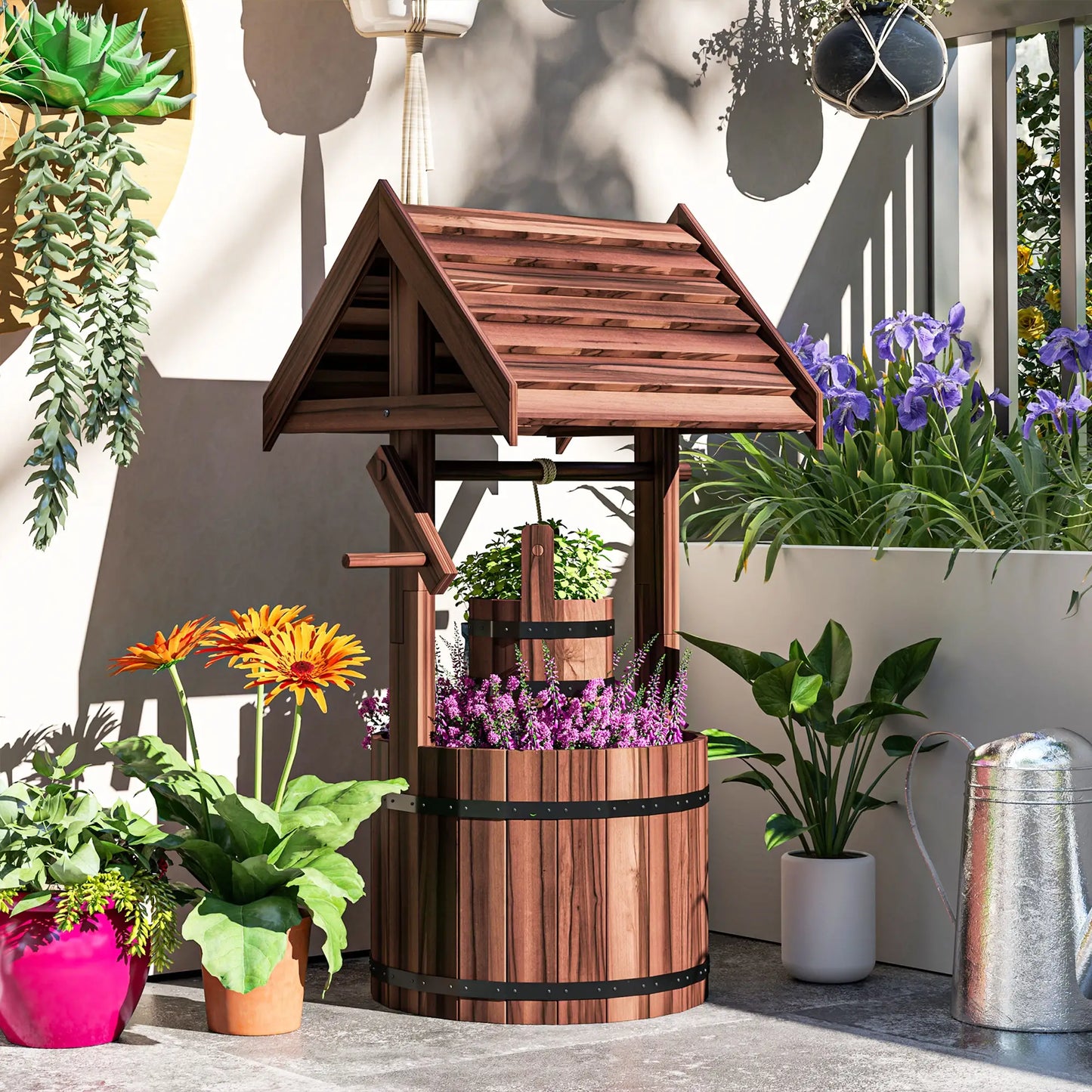 Wood Wishing Well Planter, With Hanging Bucket And Drainage, Tan Water Fountains at Gallery Canada