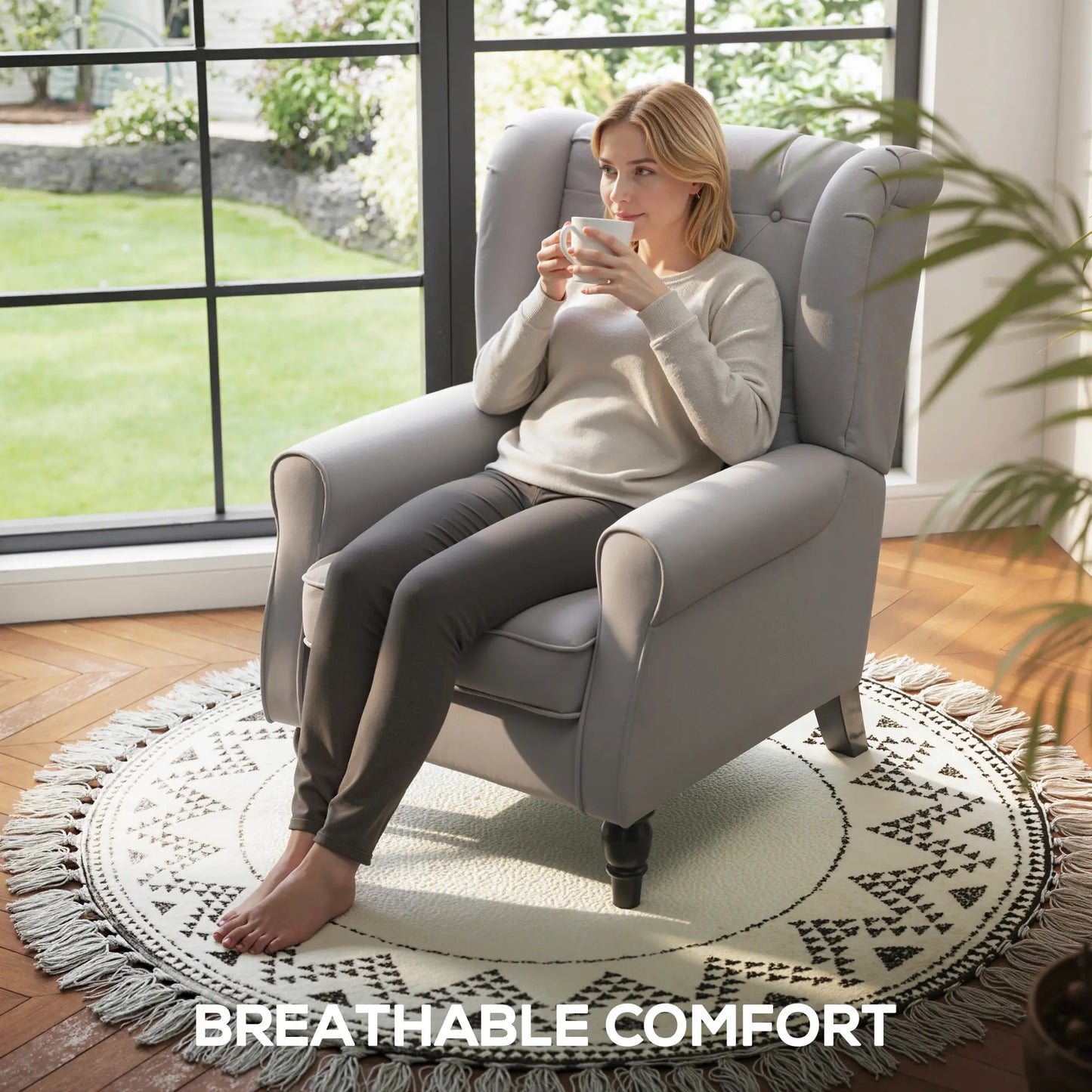 Fabric Accent Chair, Button Tufted Armchair, Modern Living Room, Wood Legs, Grey Accent Chairs at Gallery Canada