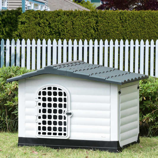 Plastic Dog Kennel House Puppy Indoor &; Outdoor Pet Shelter with Raised Base Window Door for Medium Sized Dogs Grey and White - Gallery Canada