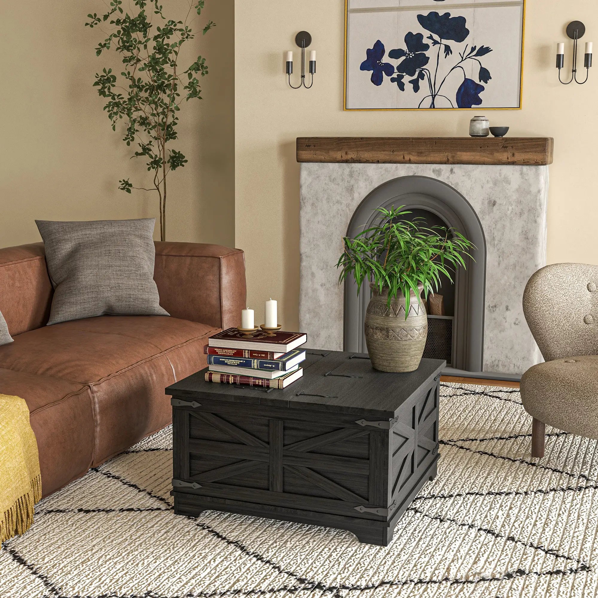 Farmhouse Coffee Table, Square Flip-Top Lid, Hidden Storage, Black Coffee Tables at Gallery Canada