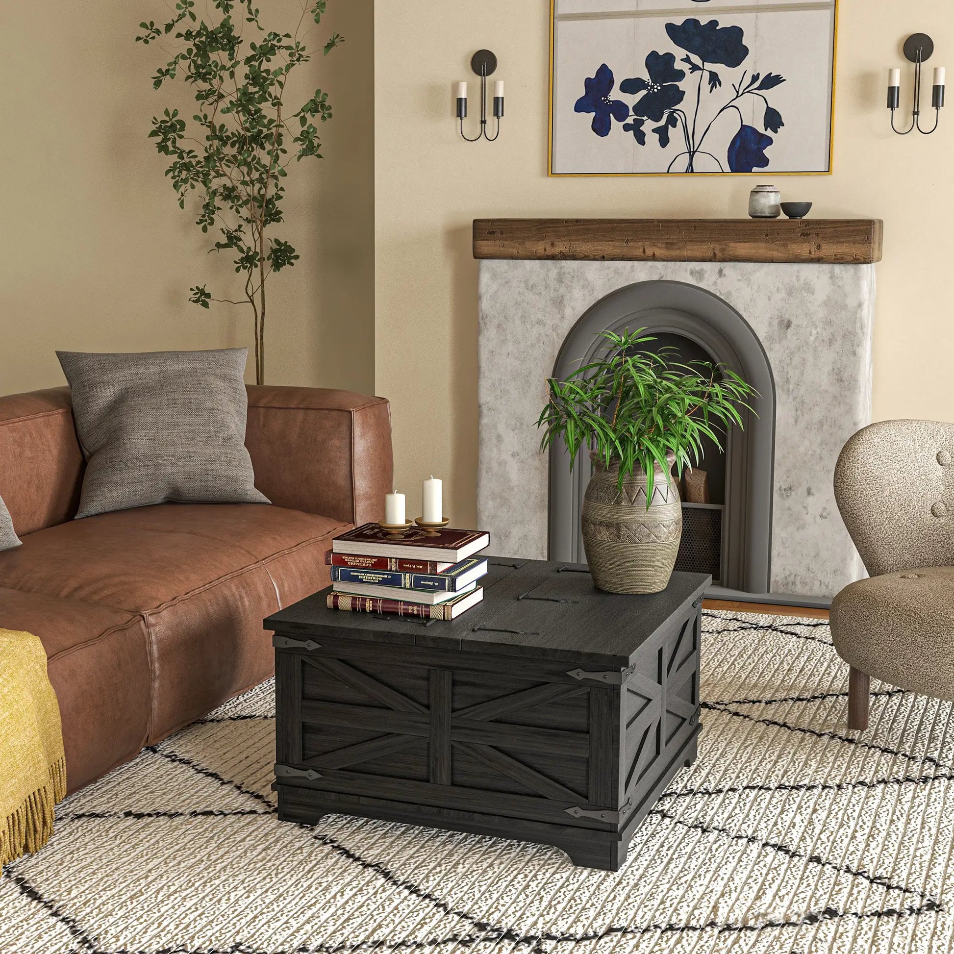Farmhouse Coffee Table, Square Flip-Top Lid, Hidden Storage, Black Coffee Tables at Gallery Canada