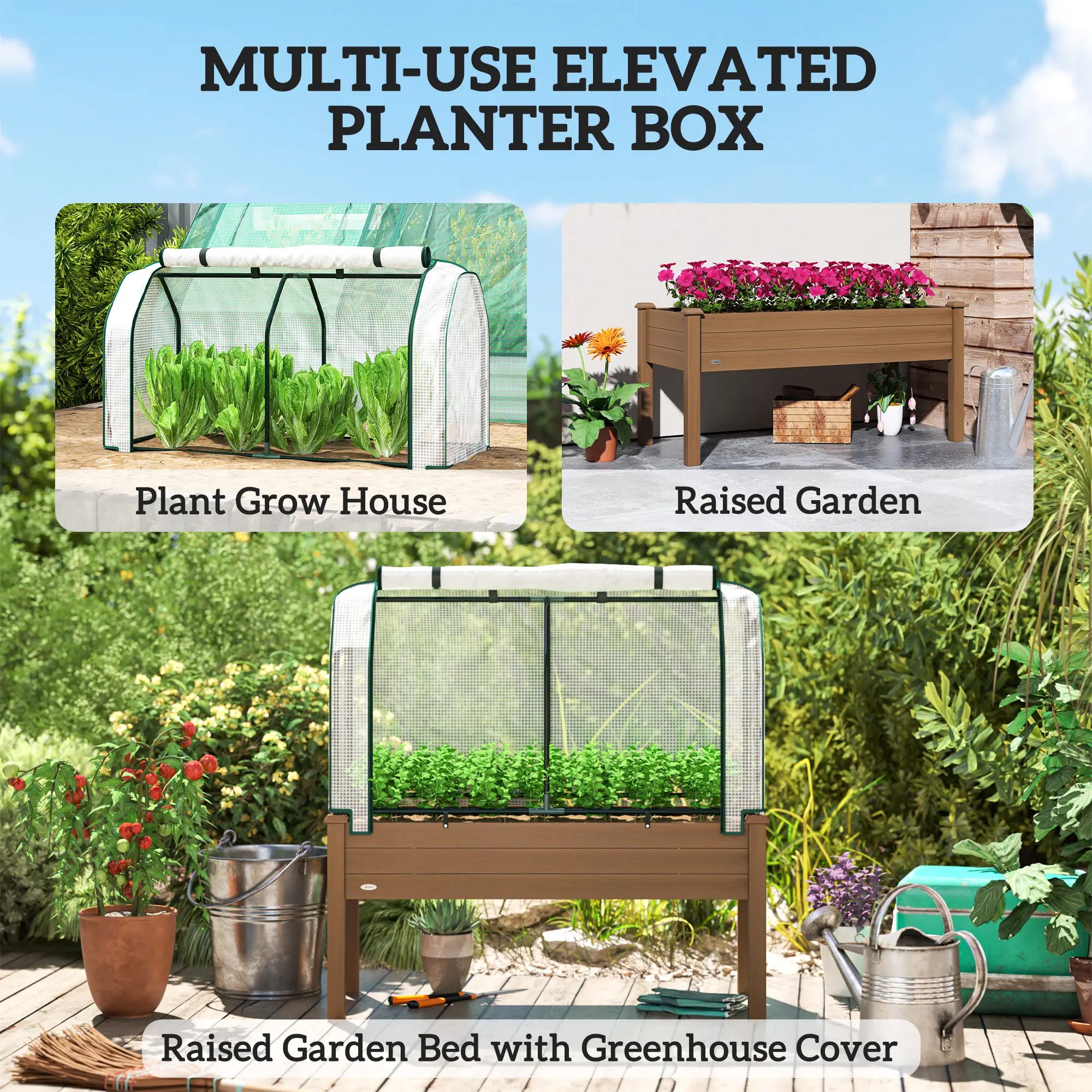 Raised Garden Bed With Greenhouse Cover, Elevated Wood Planter Box, Brown Elevated Garden Beds at Gallery Canada