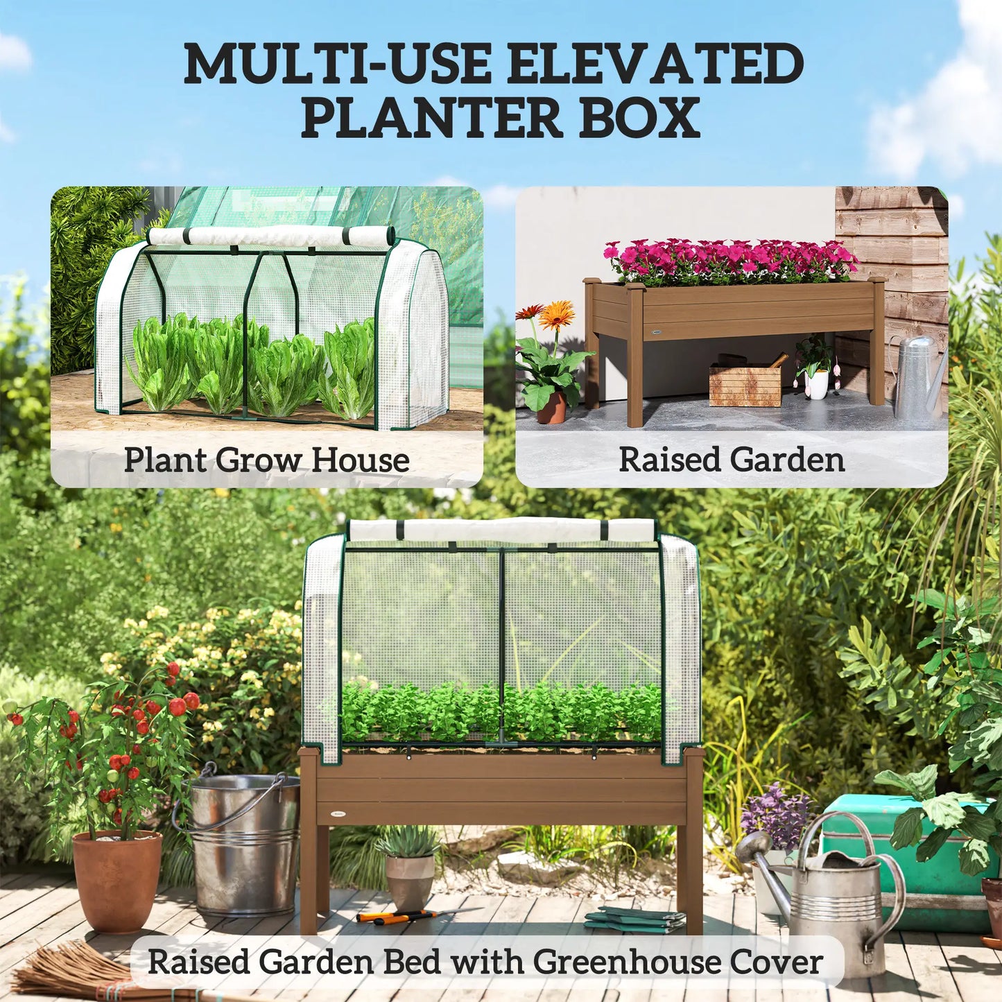 Raised Garden Bed With Greenhouse Cover, Elevated Wood Planter Box, Brown Elevated Garden Beds at Gallery Canada